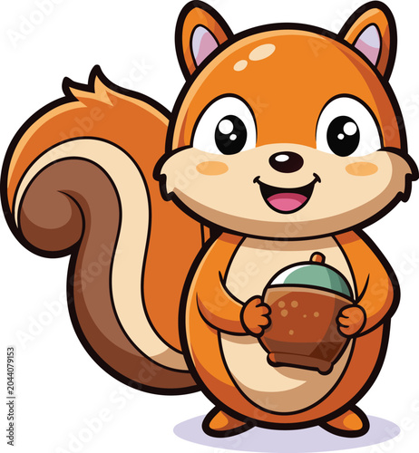 Cute cartoon squirrel holding an acorn