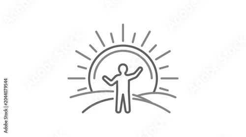 Quadro su tela Person standing with raised arms before rising sun icon.