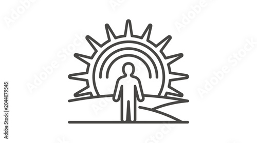 Cuadro en lienzo Person standing before a large radiant sun line art.