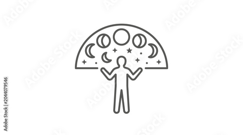 Quadro su tela Person standing under lunar cycle phases semi-circle icon.