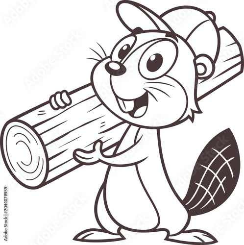 Cute cartoon beaver character carrying a wooden log