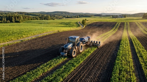 Aerial view of blue tractor plowing green agricultural field in countryside, modern farming machinery working on soil for crop cultivation