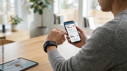 Man checking heart rate and oxygen levels on smartphone app while wearing fitness tracker watch for health monitoring, digital wellness concept at home.