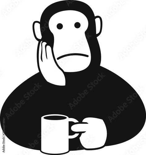 The character of a monkey is holding a glass of coffee while daydreaming vector illustration