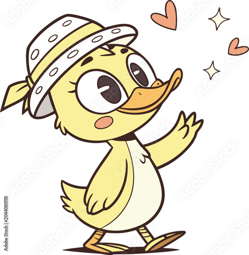 Cute cartoon duckling wearing a hat waving hello