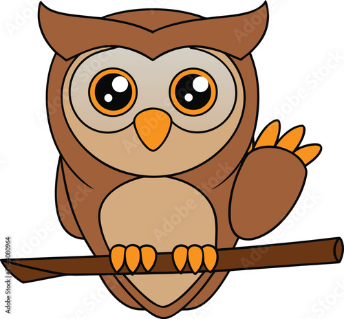 Cute cartoon owl perched on a branch waving hello