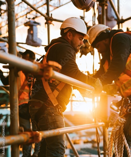 Metal scaffolding framework with crew members assembling stage lighting at height for event production, industrial safety documentation and concert logistics