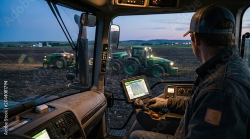 Tractor driver operating heavy machinery at night with GPS screen, modern agricultural fleet working during harvest season