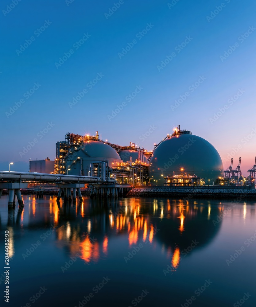 Obraz premium Large spherical industrial storage tanks at a coastal terminal reflect in calm water for energy sector reports, natural gas distribution and heavy industry advertising