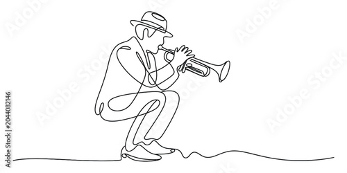 Photography Continuous line drawing of a man playing jazz trumpet
