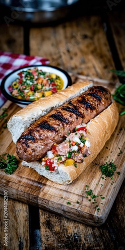 Grilled choripan with chorizo sausage in a crusty bread roll served on a wooden board for restaurant menu design, street food advertising and culinary blog content