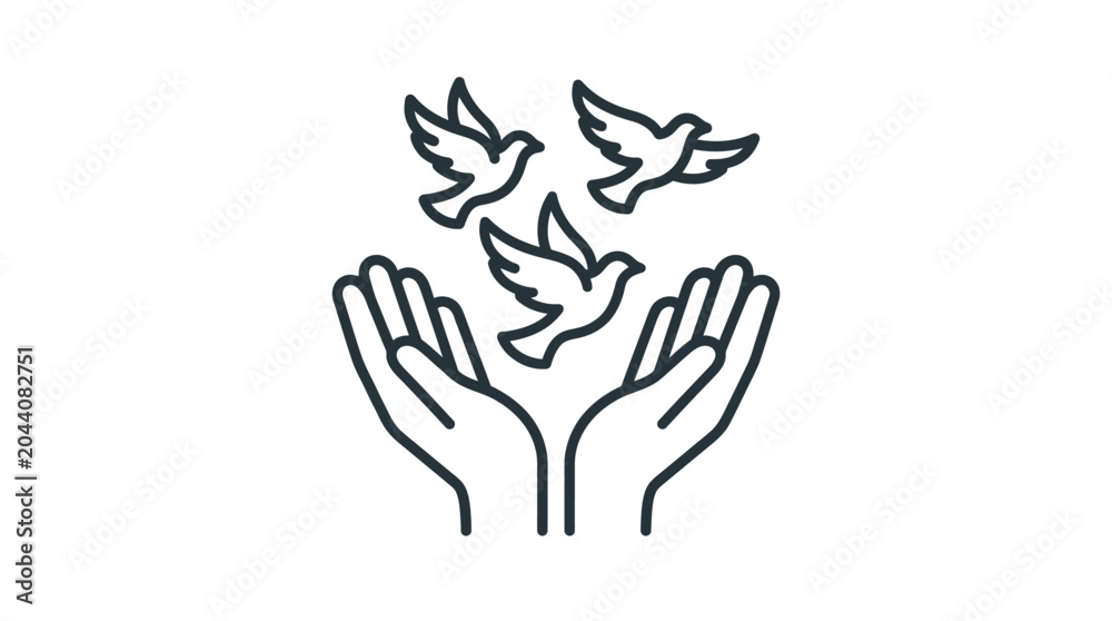 Fototapeta premium Open hands with three birds flying upwards line art.