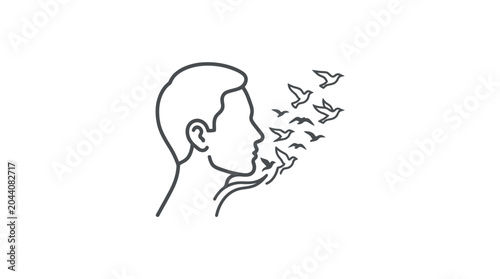 Quadro em tela Human profile line art with birds coming from mouth.