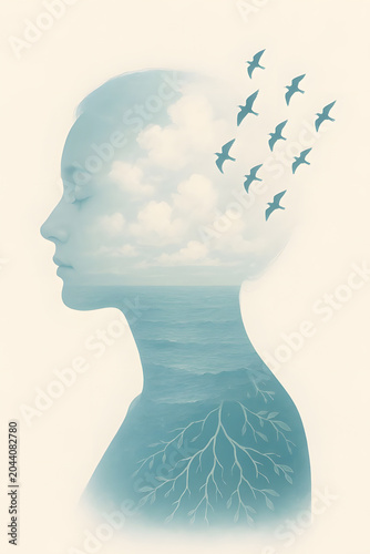 Surreal double exposure illustration of a woman profile with clouds birds and roots representing mental health and mindfulness.