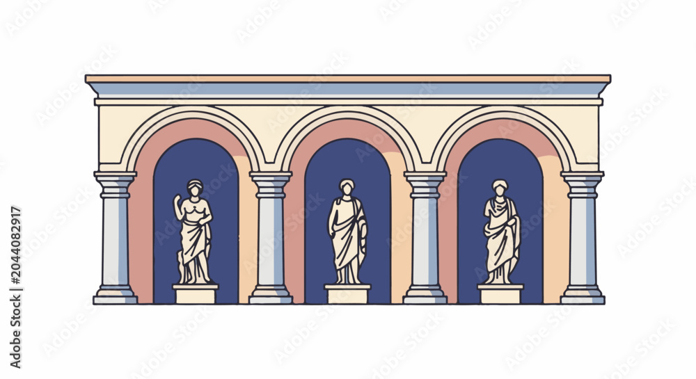 Fototapeta premium Ornate ancient building facade with arched openings and classical statues