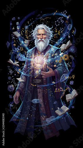 Wise old wizard with white beard holding a glowing magical artifact in his hands.