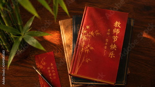 Teachers' Day celebration with gifts and books on a wooden desk indoors
