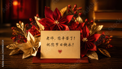 Teachers day celebration with flowers and card on wooden table indoors