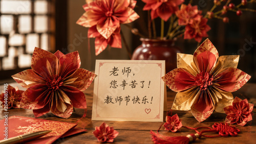 Teachers Day celebration with flowers and cards on a table indoors