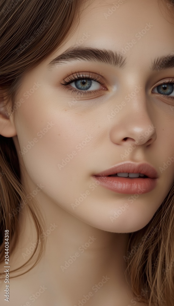 Fototapeta premium Close-up portrait of a young woman with clear skin, light blue eyes, and natural makeup.