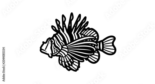 Foto Black and White Line Art Illustration of a Lionfish Swimming
