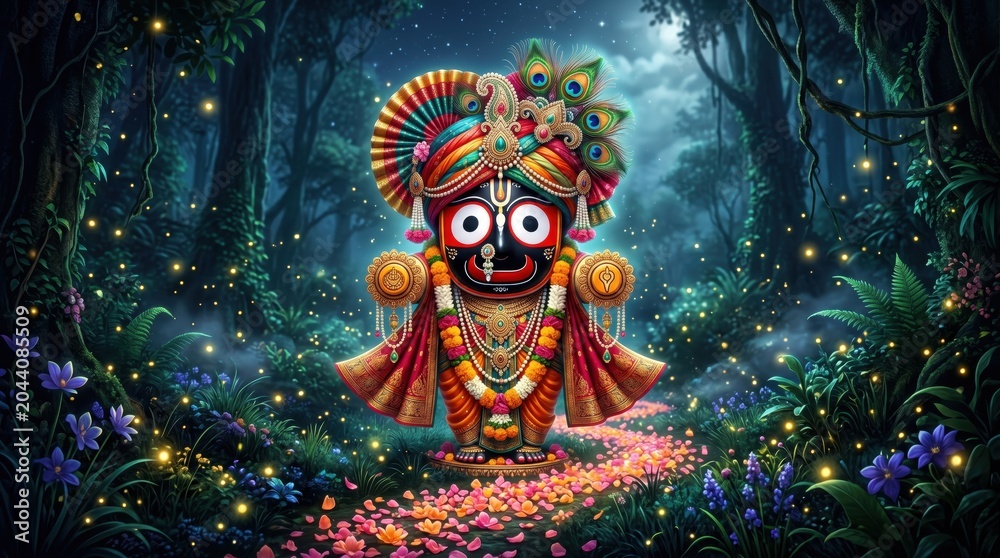 Fototapeta premium Lord jagannath idol decorated with vibrant flowers and peacock feathers in a magical enchanted forest setting