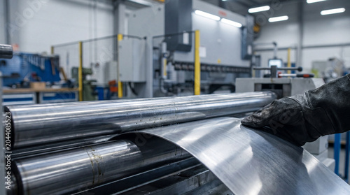 Metal fabrication in a factory: worker's gloved hand operates a rolling machine to bend a metal sheet