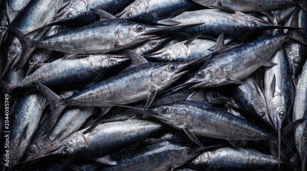 Obraz premium Fresh raw swordfish piled together at a bustling fish market displaying silvery metallic skin texture and sharp bills in a high angle overhead culinary composition