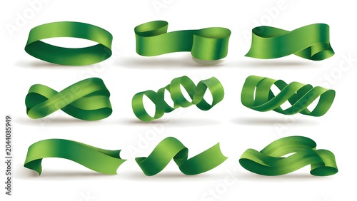 Decorative green ribbon banner collection in various shapes isolated on white background in vector style.