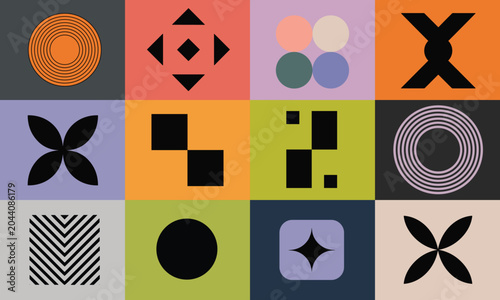 Foto Bold grid of twelve minimalist geometric abstract icons showcasing diverse shapes in a flat lighting style for graphic design