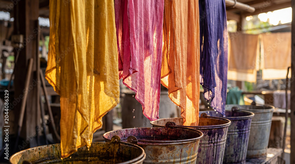 Obraz premium Vibrant hand-dyed fabrics with natural dyes drying in an artisan workshop. Traditional textile craft with eco-friendly colors