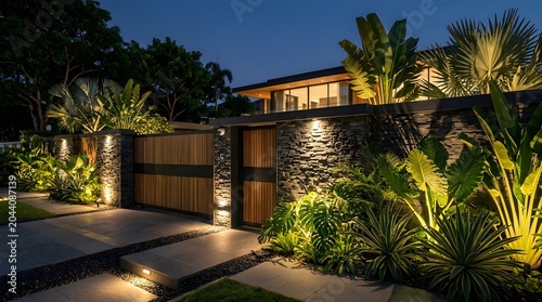 Beautifully lit contemporary residence entrance with lush tropical landscaping and modern pathway illuminated at dusk showcasing architectural design and inviting ambiance for luxury real estate
