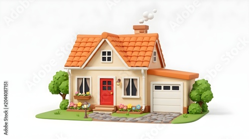 Charming cartoon dwelling with orange roof red door and garage displays inviting residential architecture set against a pale backdrop perfect for depicting suburban life and homeownership dreams