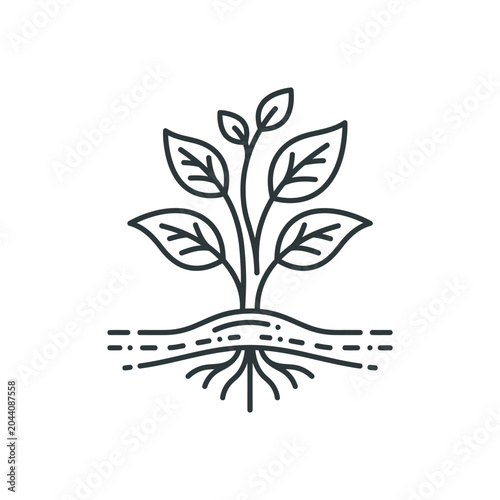 Young plant seedling with visible roots line art illustration.