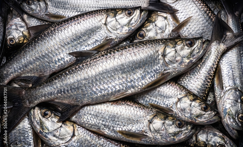 Fototapeta premium Fresh raw silver fish pile stacked together in a market display showing detailed metallic scales and reflective texture for sustainable seafood industry concepts