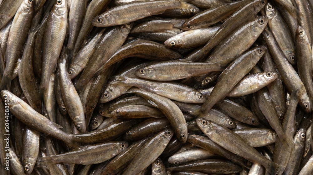 Fototapeta premium Abundant pile of fresh small minnow fish stacked together creating a textured pattern of silver scales and dark eyes captured in high detail top view perspective