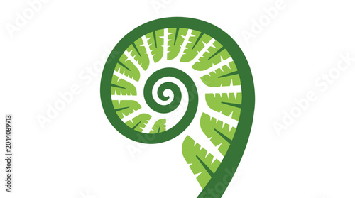 Stylized green fern frond spiral vector illustration on a white background