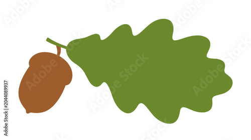 Flat vector illustration of an oak leaf and an acorn on a branch