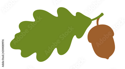 Oak leaf and acorn flat vector illustration on white background