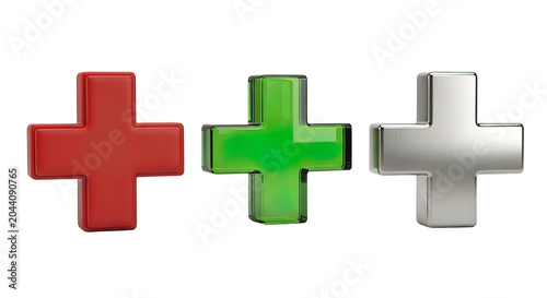 Three 3D Plus Signs in Different Colors.