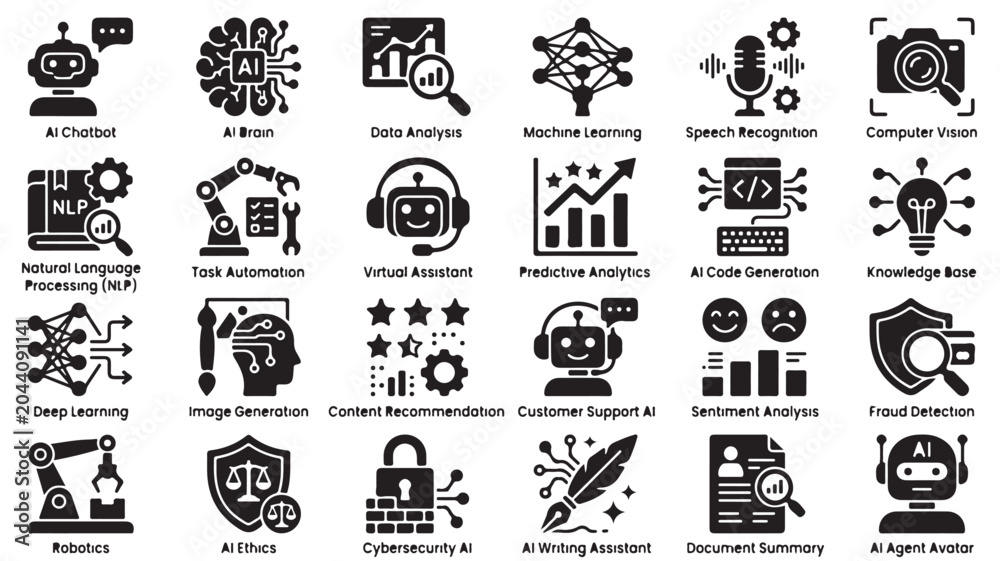 Obraz premium Artificial Intelligence Icons Set, 24 Black Glyph Vector Elements for Machine Learning and AI Technology, Digital Automation and Robotics Graphics