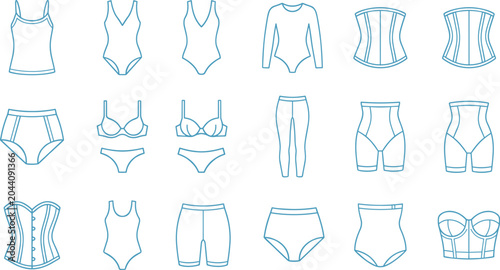 Foto Women Underwear Lingerie and Shapewear Vector Icon Set Featuring Blue Outline Li