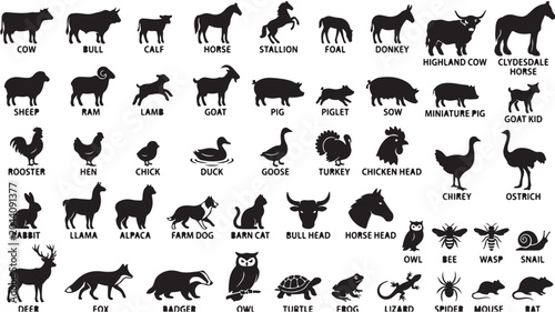 Farm animal silhouettes collection, 48 livestock and wildlife icons with labels, black vector farm animal set for agriculture and nature design