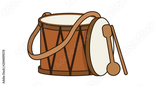 Tablou pe pânză Brown wooden drum with drumhead, leather strap, mallets