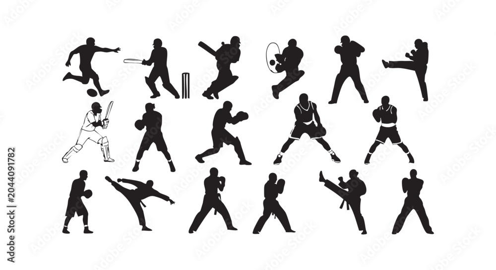 Fototapeta premium Sport athletes silhouettes collection featuring cricket soccer martial arts basketball and boxing movements for graphics.