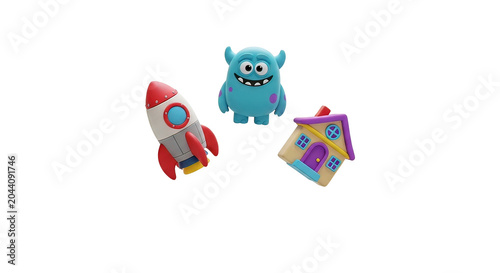 Toy Rocket Monster and House Figures.