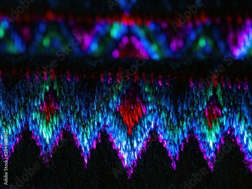 Woven textile with geometric diamond pattern and neon lighting for cultural event backdrop, traditional fabric design and ethnic heritage merchandise branding