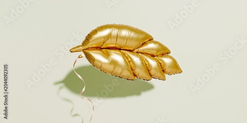 Golden wheat sheaf balloon floating with a ribbon tail against a studio background for agricultural marketing, harvest celebration and food industry branding