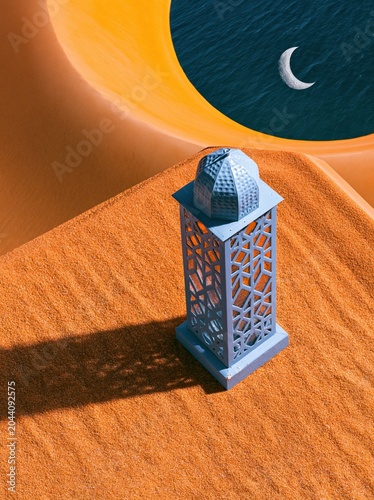 Blue Arabian lantern on textured sand dunes with crescent moon in the night sky for Ramadan greetings, Islamic holiday celebrations and mystical spiritual storytelling