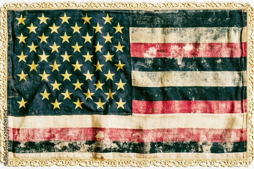 Heavily weathered American national flag with visible fabric wear and aging for patriotic heritage, historical memorial displays and veteran memorial advertising